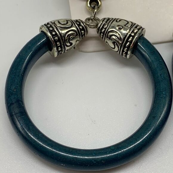 Silver Tone Hoop Earrings Boho Vintage Swirl Teal - Picture 4 of 7